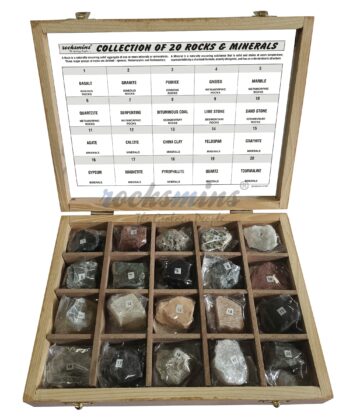 PHY-MESS-03 ROCKS & MINERALS COLLECTION SET(SET OF 20) WOODEN TRAY