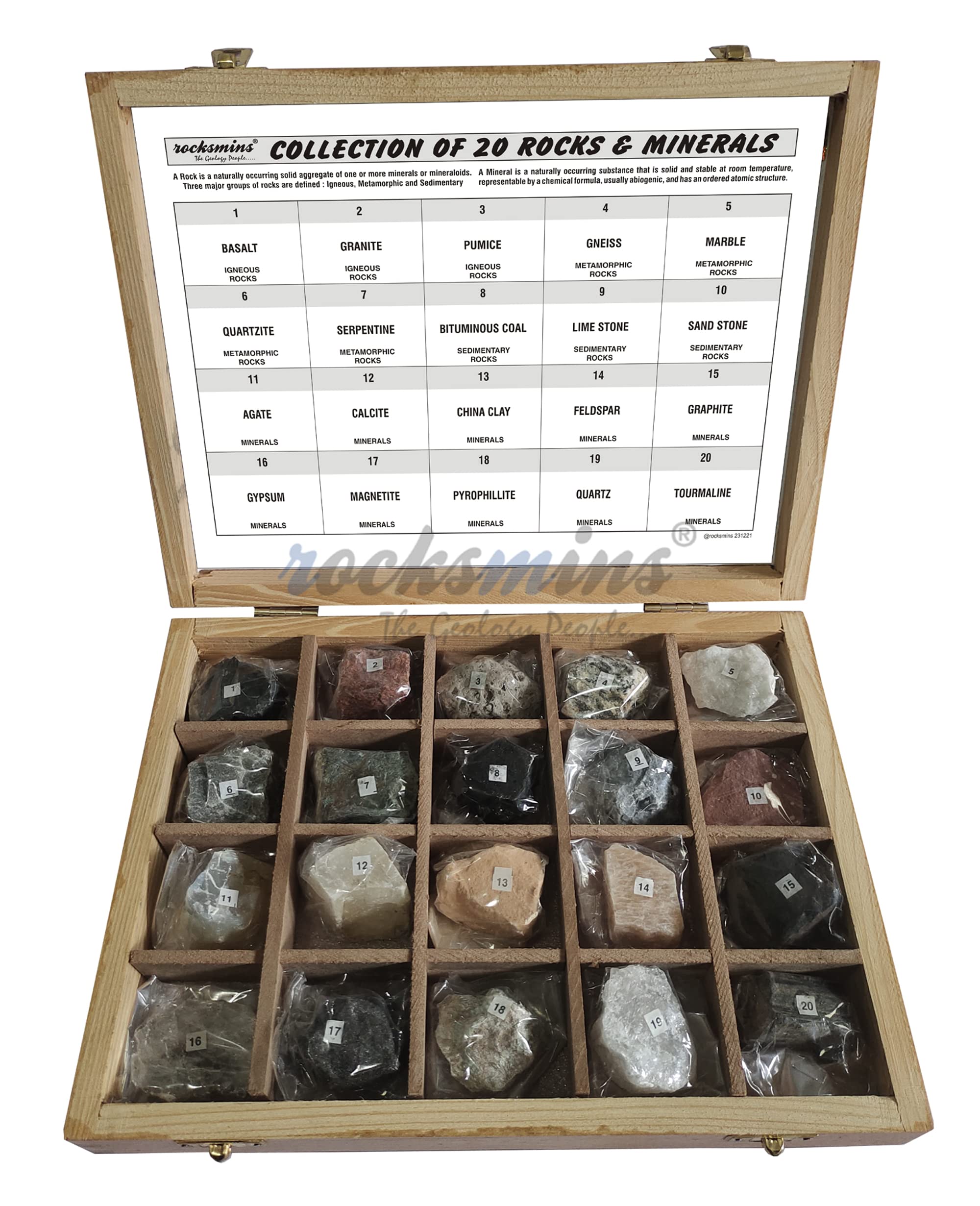 PHY-MESS-03 ROCKS & MINERALS COLLECTION SET(SET OF 20) WOODEN TRAY PHY-MESS-03 ROCKS & MINERALS COLLECTION SET(SET OF 20) WOODEN TRAY