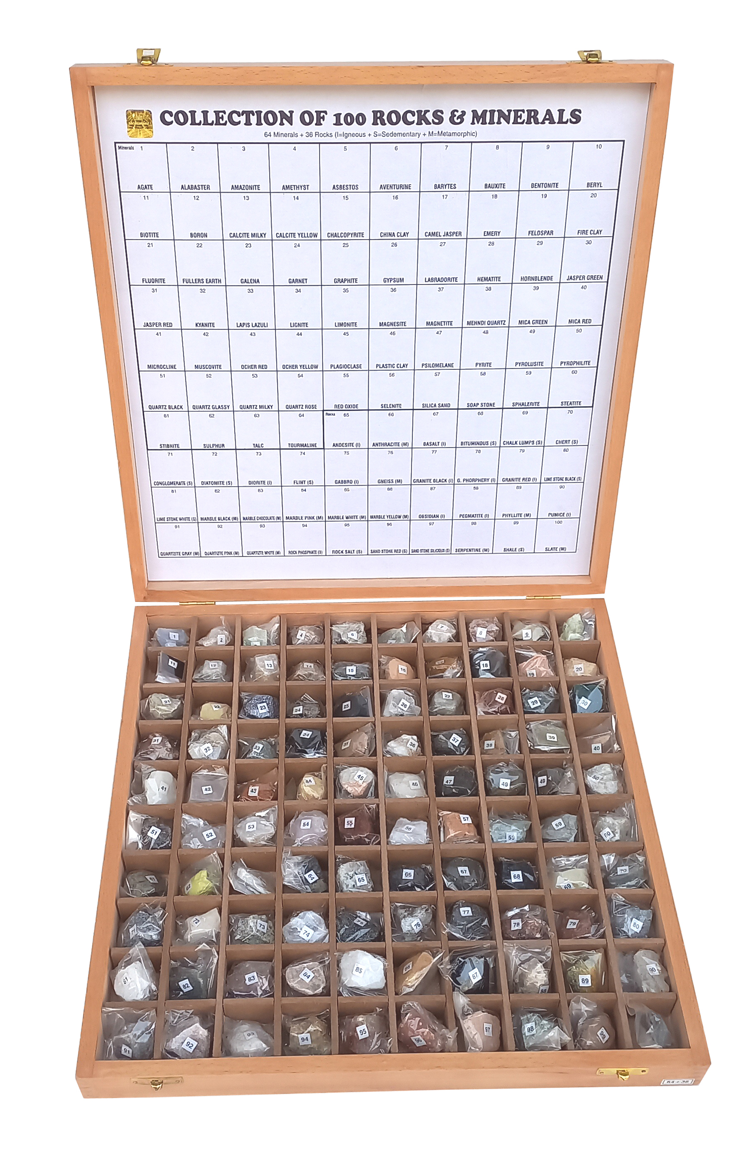 PHY-MESS-07 ROCKS & MINERALS COLLECTION SET(SET OF 100) WOODEN TRAY PHY-MESS-07 ROCKS & MINERALS COLLECTION SET(SET OF 100) WOODEN TRAY