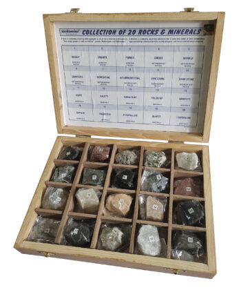 PHY-MESS-04 ROCKS & MINERALS COLLECTION SET(SET OF 20) WOODEN CASE
