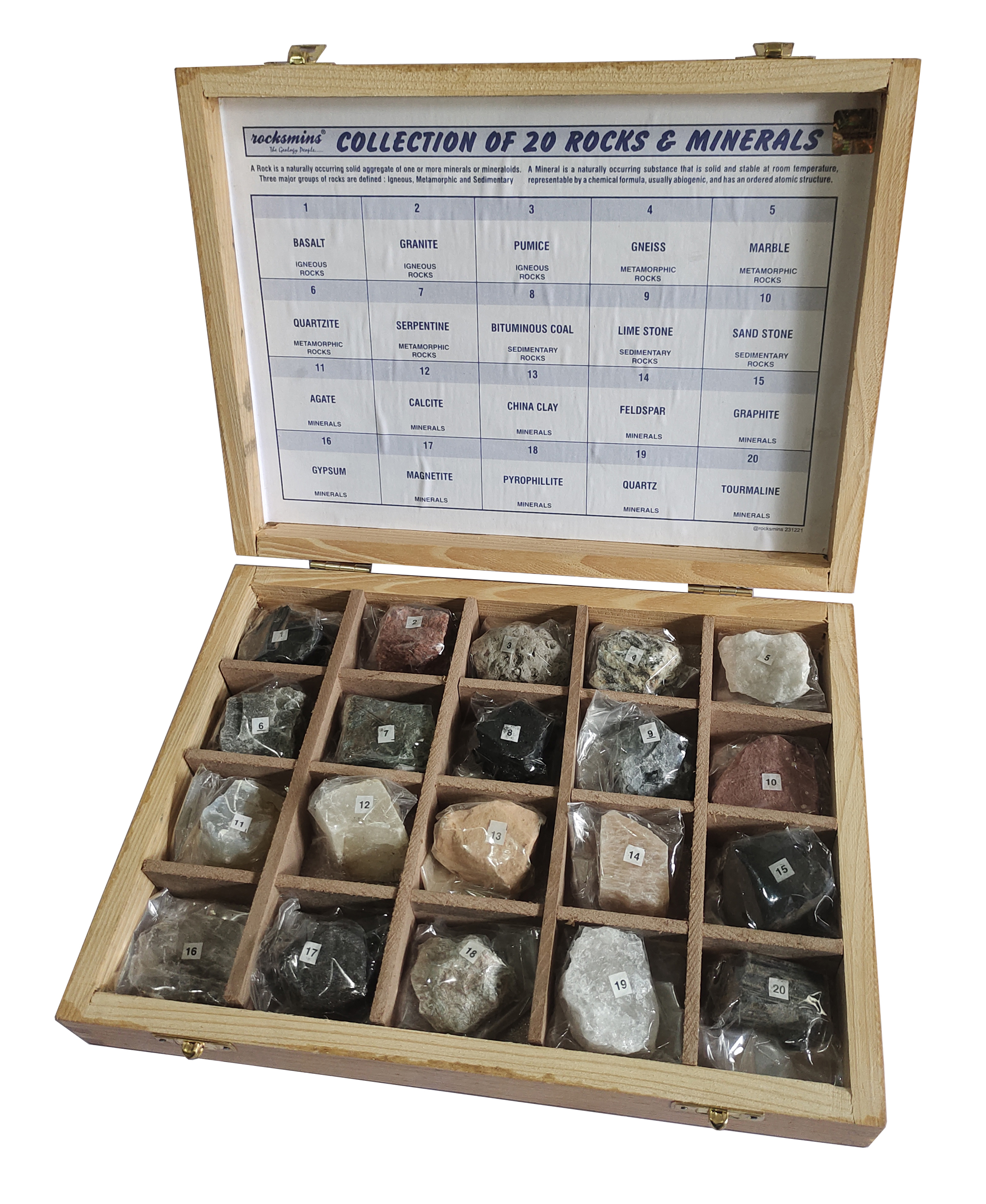 PHY-MESS-04 ROCKS & MINERALS COLLECTION SET(SET OF 20) WOODEN CASE PHY-MESS-04 ROCKS & MINERALS COLLECTION SET(SET OF 20) WOODEN CASE