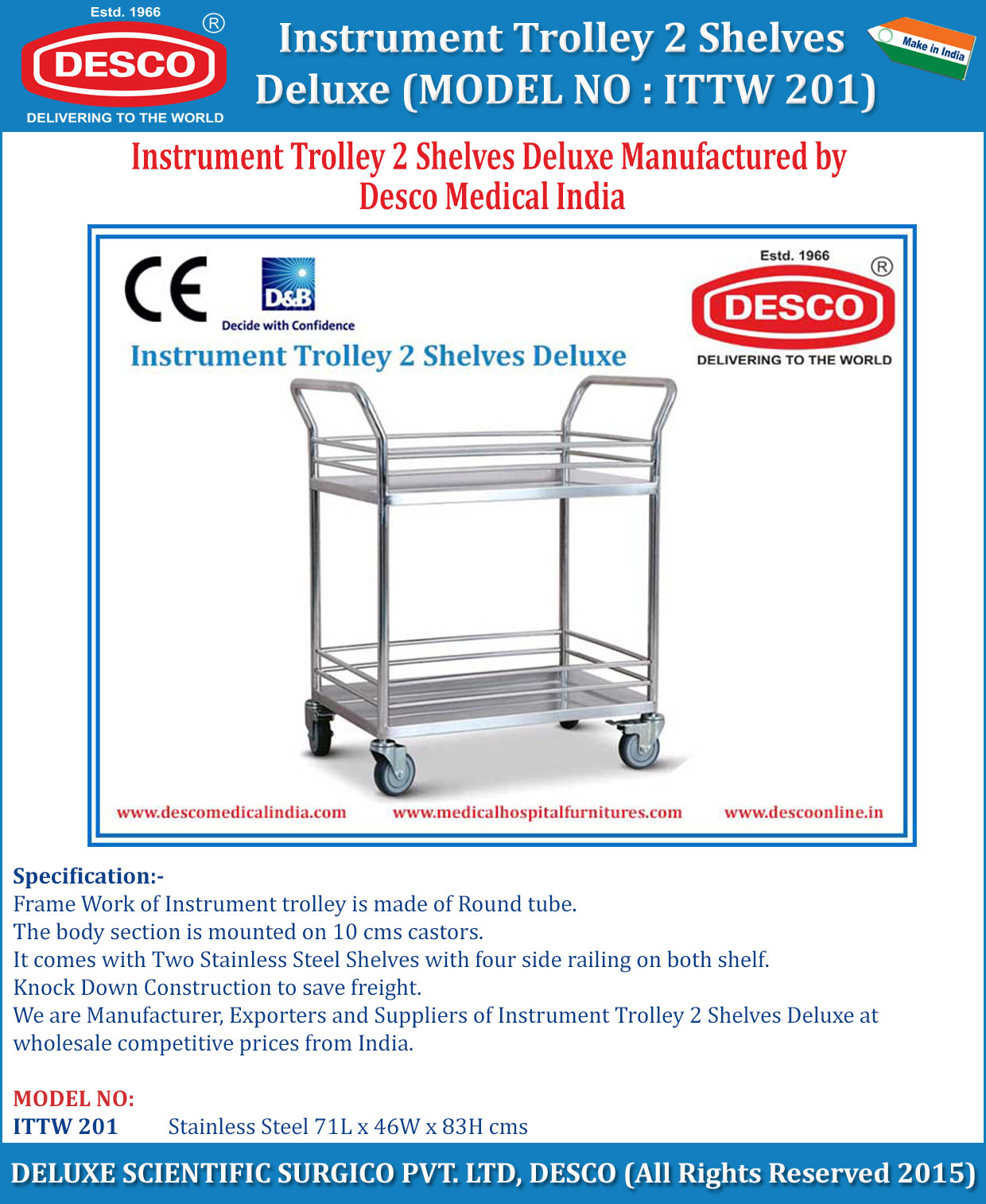 HF-192 INSTRUMENT TROLLEY 2 SHELVES HF-192 INSTRUMENT TROLLEY 2 SHELVES